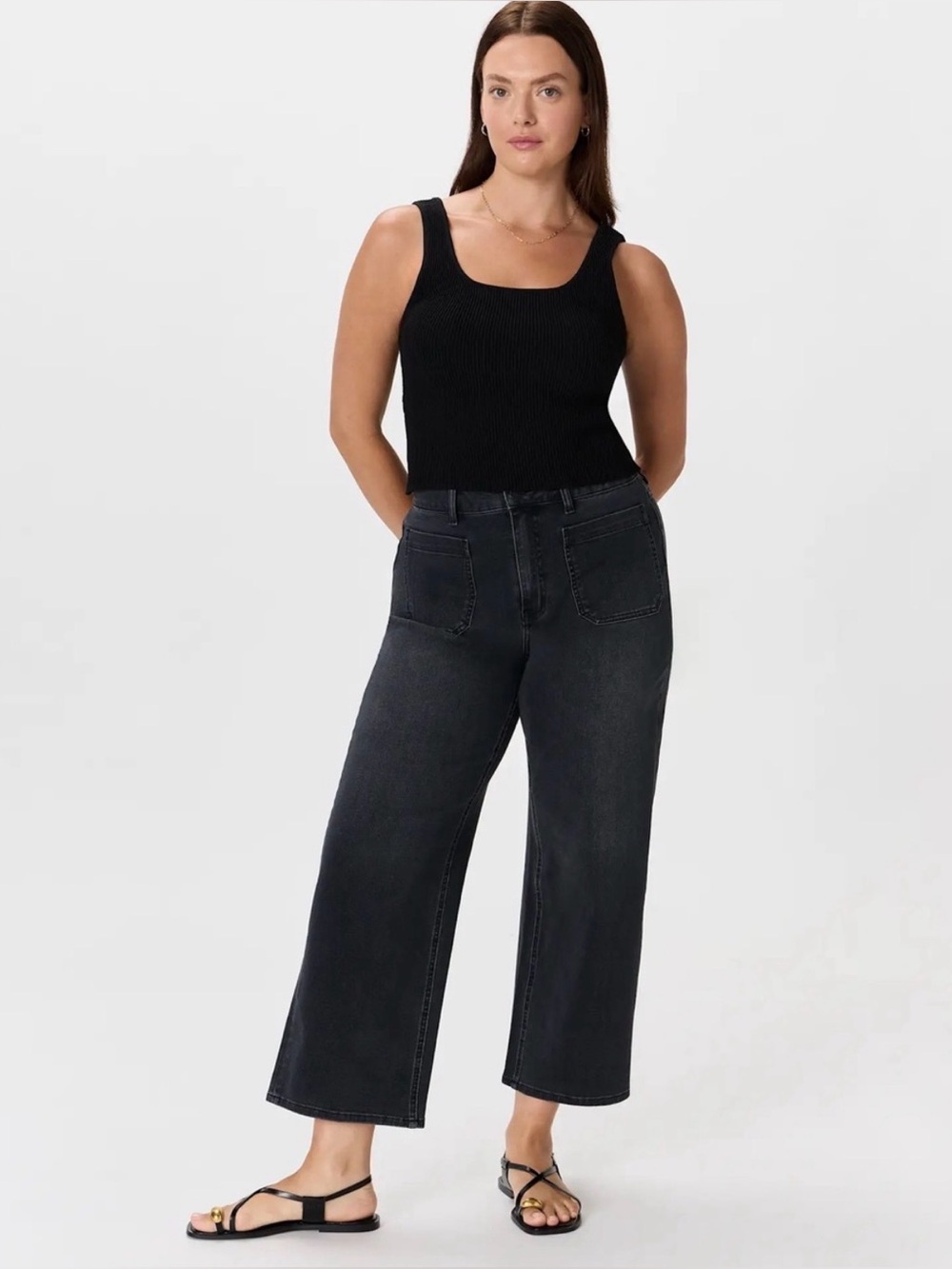 Quince Bella Stretch Patch Pocket Wide Leg Jeans Charcoal Size 32
